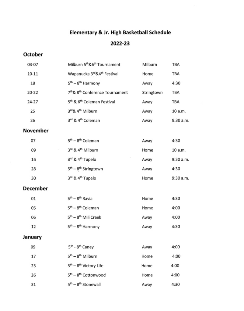 ELementary & JH Basketball Schedule